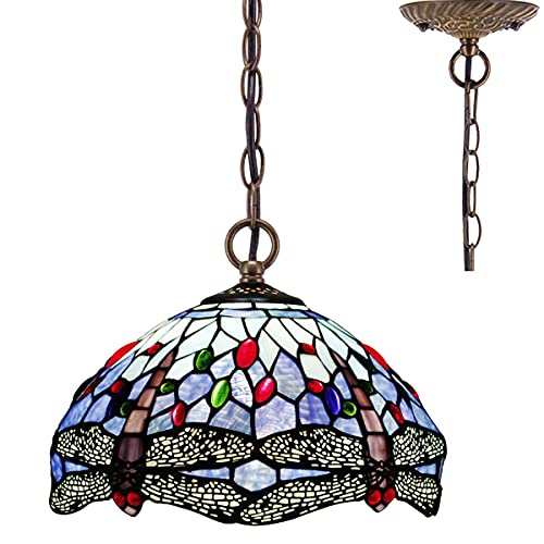 Tiffany Pendant Lighting for Kitchen Island Fixture 12" Blue Stained Glass Dragonfly Shade Industrial Boho Pendant Lamp Rustic Farmhouse Chandelier Swag Bar Hallway Living Dining Room Loft WERFACTORY Tiffany Pendant Lighting for Kitchen Island Fixture 12" Blue Stained Glass Dragonfly Shade Industrial Boho Pendant Lamp Rustic Farmhouse Chandelier Swag Bar Hallway Living Dining Room Loft WERFACTORY