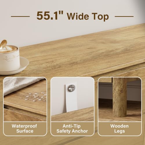 Image of 55.1 inch Wide 6 Drawer Wood Dresser for Bedroom with Legs, Natural Oak