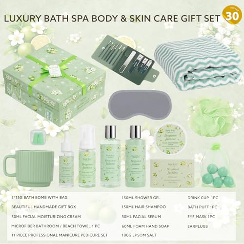 Image of 30 Pcs Spa Gifts for Women & Men, Bergamot Jasmine Bath & Body Gift Basket, Self-Care Relaxation Set, Face Skin Care Kit, Home Spa Gift, Birthday, Christmas, Mother's Day, Anniversary, Cup spa kit