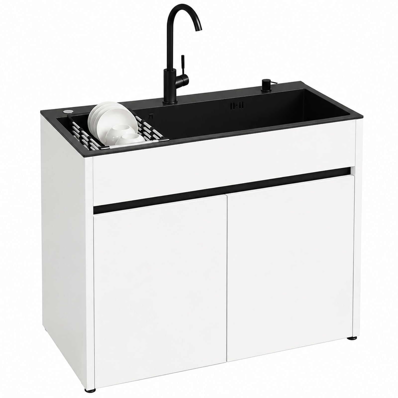 Lavello da Esterno Autoportante con Mobile 68/80cm, Corpo in Alluminio Alveolare con Miscelatore Caldo/Freddo, Scolapiatti Estensibile per Garage Giardino Officina
