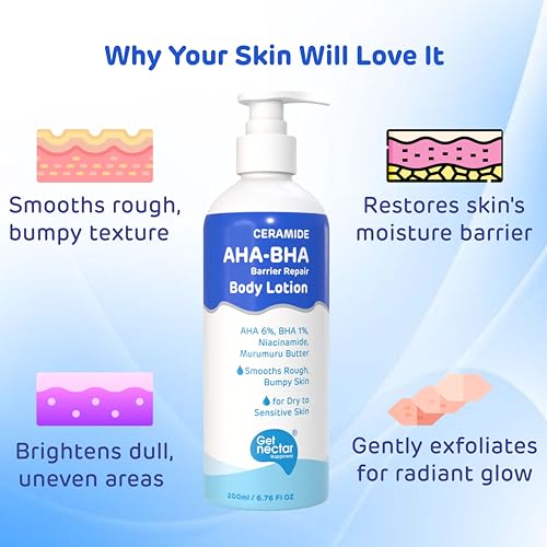 Image of Ceramide AHA 6% + BHA 1% Barrier Repair Body Lotion | Strawberry Skin, Tan & Uneven Texture Exfoliating & Hydrating Moisturizer | 2% Niacinamide, 4% Glycolic Acid, 2% Lactic Acid, 1% Salicylic Acid, Rice Water | 200ml