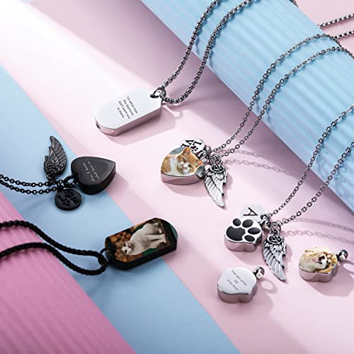INBLUE Personalisierte Urnen Halskette für Asche, Pfotenabdruck Herz Edelstahl Anhänger, Gravur Foto Hund Katze Name, Feuerbestattung Schmuck für Damen Herren mit Trichter Set, Engelsflügeln