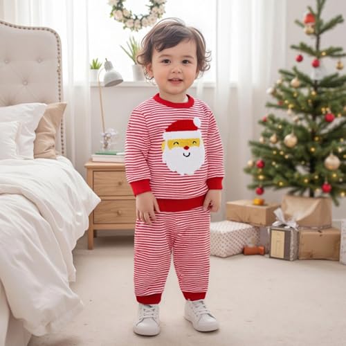 Karuedoo Toddler Baby Boy Girl Christmas Outfit Santa/Christmas Tree Embroidery Striped Waffle Knit Sweatshirt and Pants Set4