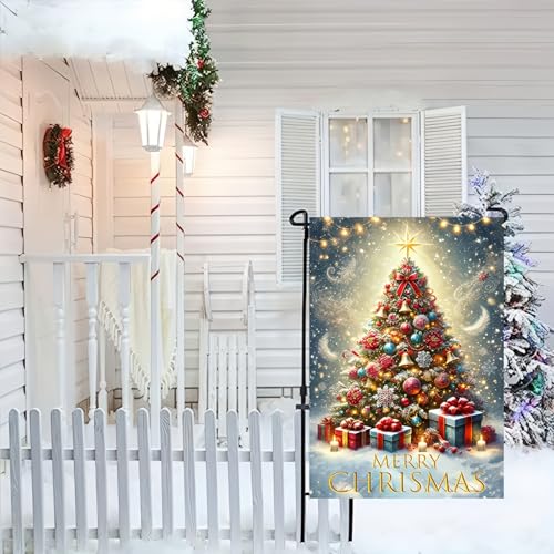 Image of BlissYard Christmas Christmas Tree Garden Flag 12x18 Inch Polyester | Double sided polyester, Christmas decorated tree front porch design, winter home decor for holiday porch and yard