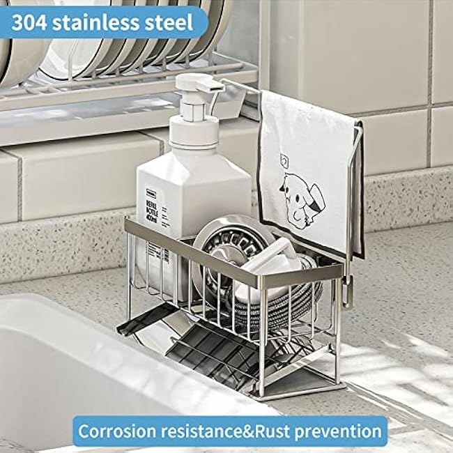 Kitchen Sink Caddy - Sponge Brush Holder with Removable Slope Drip Tray SUS304 Stainless Steel Rustproof Sink Rack