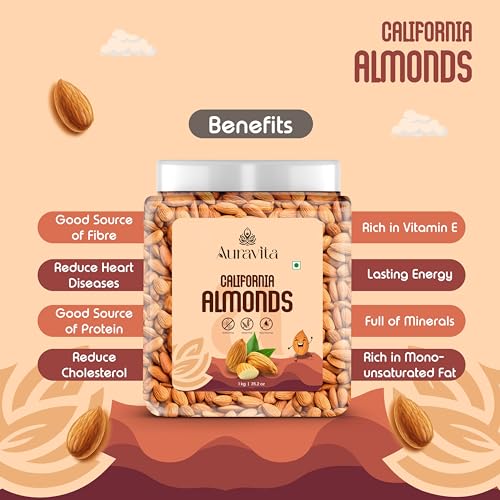 Image of Auravita California Almonds 1kg | Crunchy & Healthy Dry Fruit, Premium Badam Giti for Daily Nutrition | Healthy Diet Snacking Resealable Jar Pack