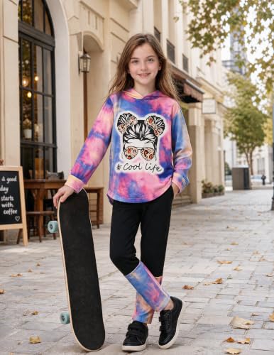 Image of Girls 2 Pcs Fall Winter Tie Dye & Leggings Outfits For Teens 5-14 | 2026 Girls Fashion Trendy, Long Sleeve Hoodie, Cool Life Print, Patchwork Pants, Back to School Holiday Tracksuit