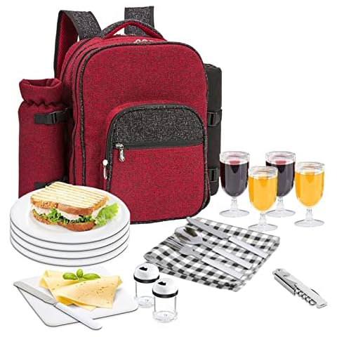 Picknickrucksack 4 Personen|Picknickset mit Isolierte wasserdichte Tasche|Weinhalter|Fleecedecke|Teller und Besteck für Camping|Tagesreisen|Wandern| Grillen|Camping Outdoor (rot) Cover