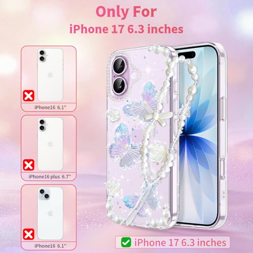 Coque iPhone 17 transparente avec perles et fleurs 3D souple - 4