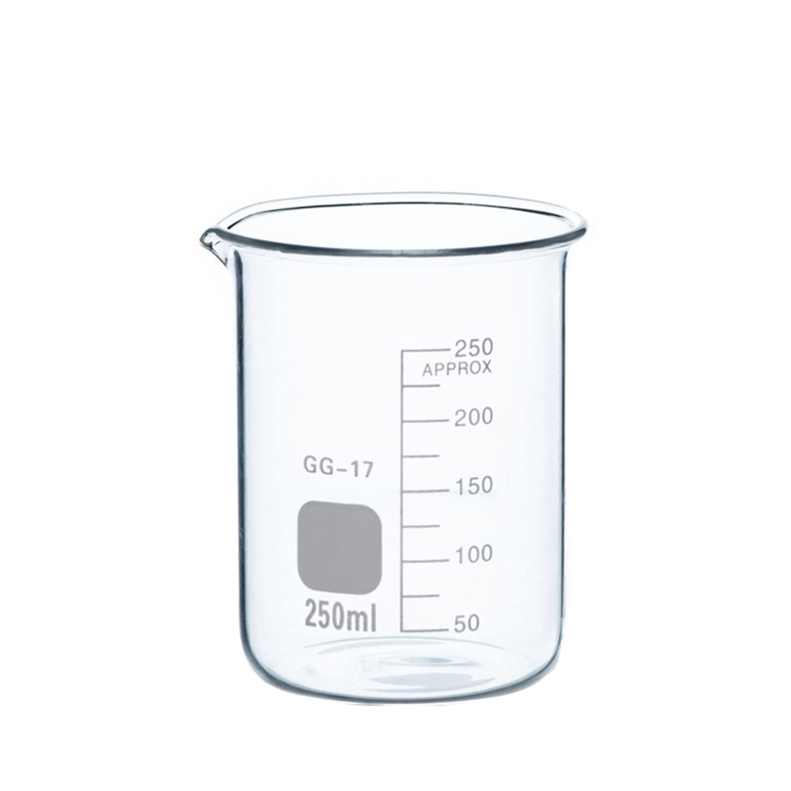 Bicchiere di vetro da 250 ml con scala trasparente, vetro borosilicato resistente al calore, vetro ispessito, forma bassa, misurino da laboratorio, confezione da 4 (colore: trasparente