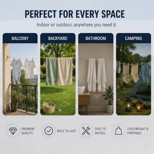 Image of Heavy Duty Stainless Steel Clothesline Rope with Carabiner Hooks - 5 Meter Rustproof Thick Laundry Drying Wire for Balcony, Bathroom, Camping & Travel Use