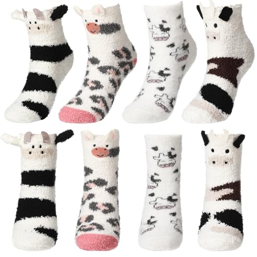 Foaincore 4 Pairs Easter Bunny Slipper Socks Rabbit Fuzzy Soft Warm Animal Cute Warm Socks for Women