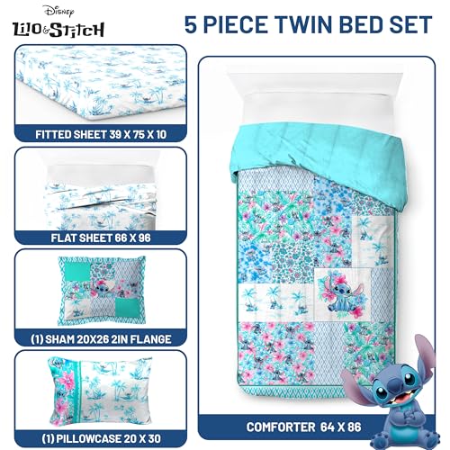 Image of Jay Franco Kids Comforter Set Includes Sheets and Pillow Covers - Soft and Cozy Bed Set for Stylish Room Decor, Multi - Lilo and Stitch 02, 5 Piece Twin Bedding