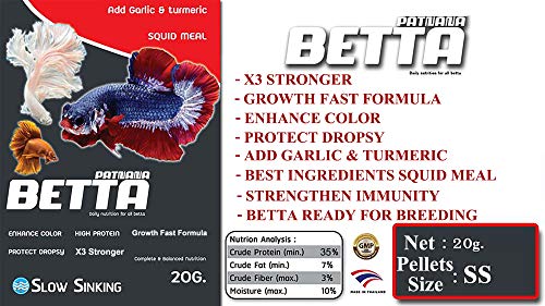 Betta Fish Food & All Small Tropical Fish Food Mini Slow Sinking Pellet (1Mm) High Protein 35% Growth Fast Formula Big Body Muscle Fish, Color Enhancing Nourishing Breeding 3 Pcs (60Gm) #TOP2