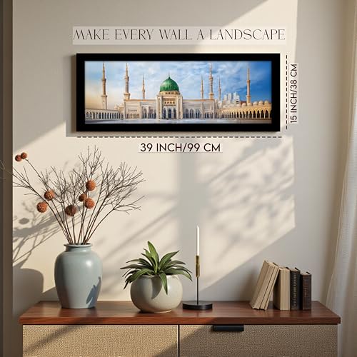Image of PAINTINGMANTRA Masjid E Nabawi Islamic Arabic Wall Art Framed Luxury Paintings for Home Decoration, Living room, Bedroom and Office Decoration (99x38 CM)
