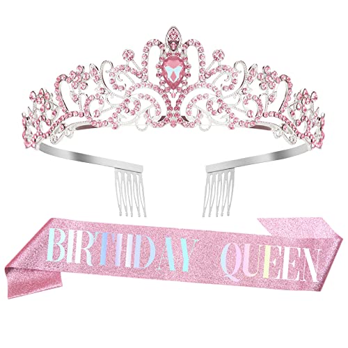 Nurplexl Birthday Crown Sash, Pink Rhinestone Crystal, Women's Accessory, Birthday Celebrant, Female, Women's Accessories (Adult)