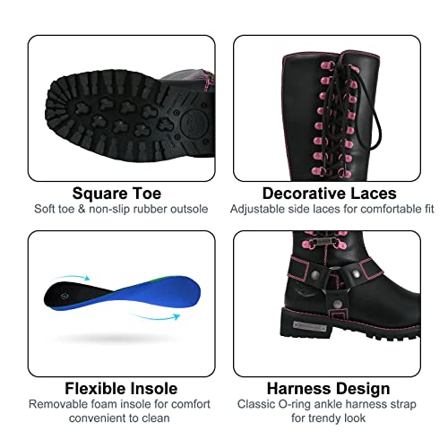 Dream Apparel Women's Harness Motorcycle Riding Boots for Biker, Square Toe Lace Up Knee High Boots with Side Zipper, Black PU Leather Footwear Ladies3