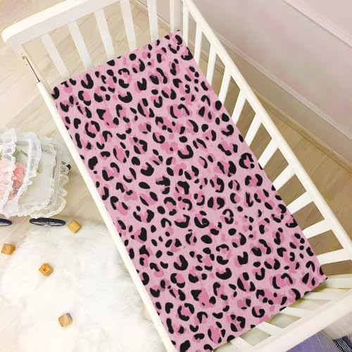 Image of Leopards Cheetahs Print Pinks Crib Sheets Soft Breathable Fitted Baby Crib Sheets Mattress Cover for Girls Boys, 52 inch x 28 inch x 9 inch