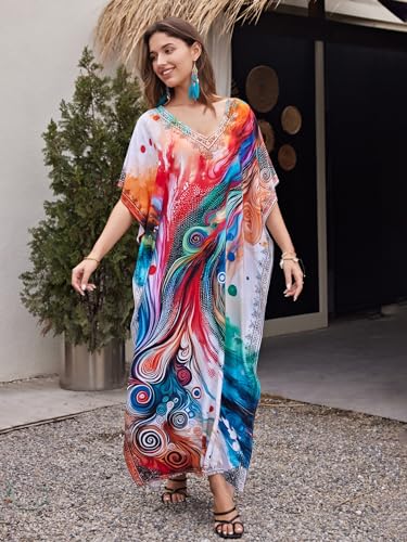 Image of IMAGEKOPE Women's Plus Size Loose Fit Moroccan Print V-Neck Batwing Kaftan Beach Dress Bathing Suit Cover Up