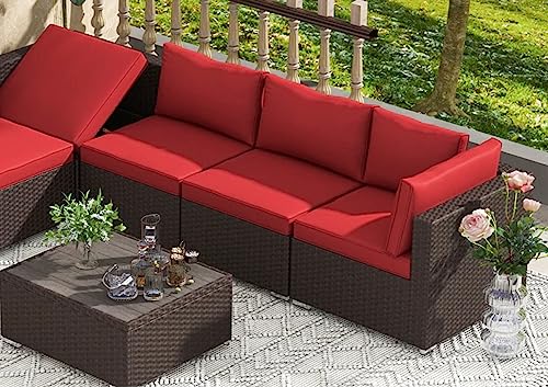 Image of DEVOKO Outdoor Sectional 3 Piece All-Weather Wicker HDPE Rattan Sofa Conversation Set with Table for Garden, Poolside (Dark Brown and Red)