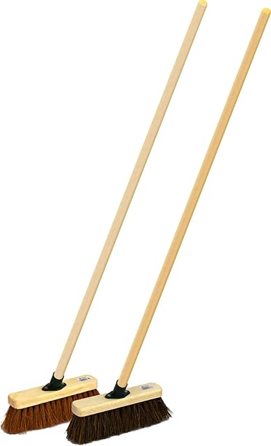Twin Pack Wooden Sweeping Brooms Bassine Stiff Outdoor and Soft Coco Brush with Wooden Handles 10"