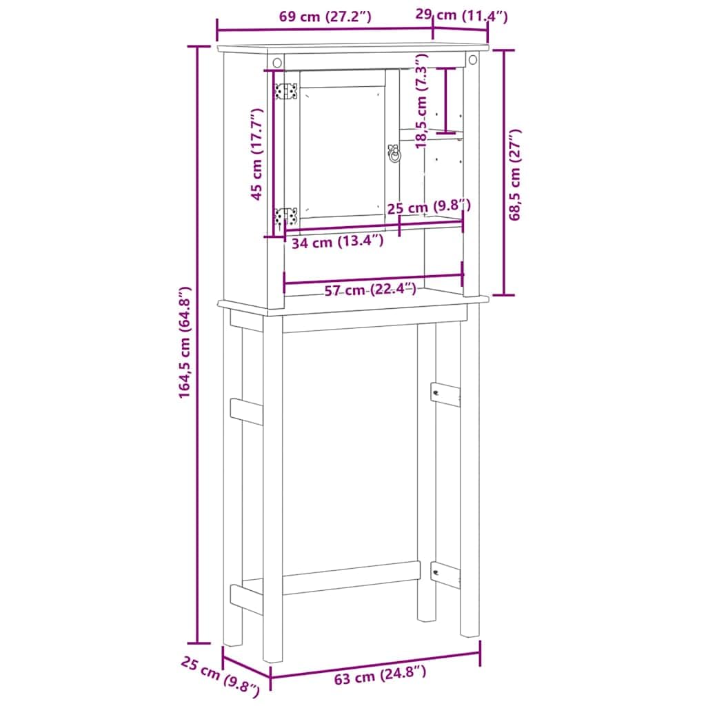 Waschmaschinenschrank Corona aus Massivholz Kiefer mit Honigwachs-Finish, 69 x 29 x 164,5 cm, 3 Ablagen und Fach hinter der Tür für Badmöbel Set, Stauraum, Waschraum