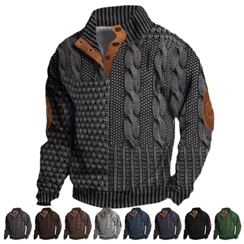 Whitecloths Life Clothing Men, Retro Print Stand Collar Button Sweatshirt, Men's Vintage Knit Print Zip-Up Sweatshirt