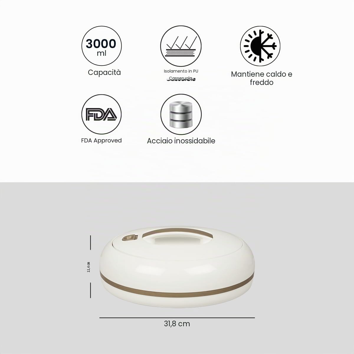 Elegante casseruola ovale isolata grande – coperchio aperto con una sola mano – 0,9 l – scaldavivande di lusso – ciotola termica per buffet/feste – contenitore per alimenti caldi in acciaio inox