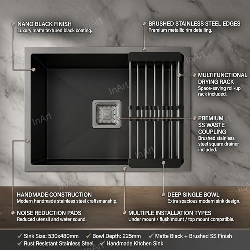 Image of InArt 304 Grade Stainless Steel Single Black Bowl Handmade Kitchen Sink 2mm Thickness High Grade Stainless Steel with Coupling and Fruit Basket (21 inch X 18 inch X 9 inch Inches)