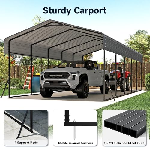 Image of 13x26FT Metal Carport,Heavy Duty Carport with Reinforced Frame and Galvanized Steel Roof, Large Outdoor Garage Shelter Shade Car Port for Pickup Trucks, Boats, Cars & Tractors, Farm Tools, Party,Gray