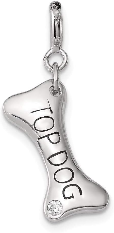 Solid 925 Sterling Silver Pendant Cubic Zirconia CZ Puppy Dog Bone Top Puppy Dog Charm (20mm Height x 8mm Width)