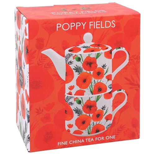 The Leonardo Collection Finola Stack Poppy Tea for One | Ceramic Teapot and Cup Set | Beautiful Gift for Home Use | Stylish Printed Teapot for Tea Lovers