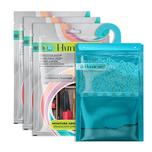 Humicure Moisture Absorber Dehumidifier Hanging Bags with 1 Litre Absorption Capacity for Wardrobe, Bathroom, Kitchen and Bedroom; Prevents Mould & Fungus(Pack Of 3, 440gram each, Activated Charcoal)
