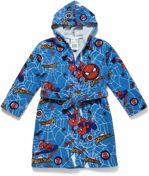 Disney Albornoz Infantil de Microfibra con Capucha, Diseños Frozen, Minnie Mouse y Spider-Man, Secado Rápido, Suave y Ligero, con Cinturón Ajustable (FR/ES, Edad, 9 años, 10 años, Spiderman)