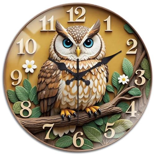 peacoblue Horloge murale ronde en verre de 30,5 cm avec motif hibou - Sans tic-tac - Pour cuisine, salon, salle à manger, chambre à coucher et salle de bain...