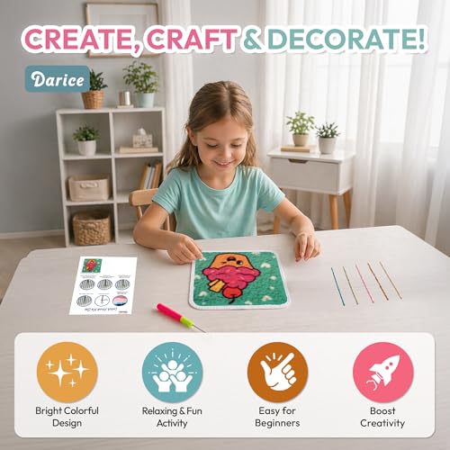 Image of Darice Latch Hook Rug Kit, Cupcake Design DIY Latch Hook Kit for Kids & Adults, Color Canvas, PreCut Yarn & Hook Tool, Craft Activity & Gift for Kids