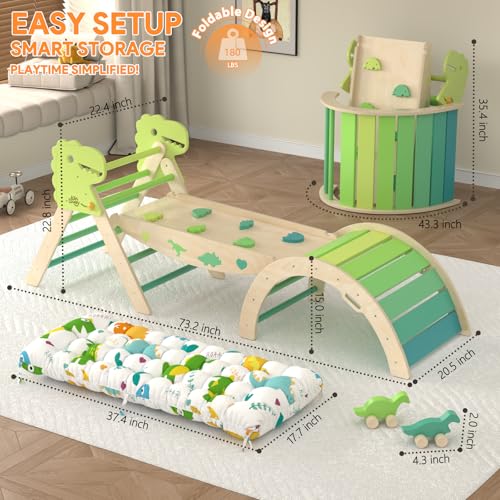 Image of Pikler Triangle Set with Cushion 9 in 1 Large Climbing Toys for Toddlers 1-7 Indoor Baby Gym Montessori Toys Wooden Climbing with Maze, Shape Sorting, Dinosaur Car