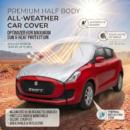 Image of Pivalo Half Car Body Cover for Hatchback Cars (All Models & Years) | 100% Waterproof Outdoor UV & Heat All Weather Protection | Triple Stitched 3 Layer with Adjustable Straps Cover (Reflective Silver)