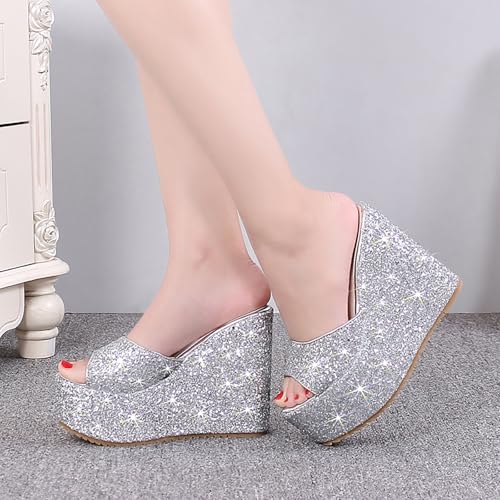 Women'S Sequin Fish Mouth Open Toe Platform Wedge Slide Sandals Fashion Glitter Slip On Comfortable High Heel Dress Mule Sandals Summer Wedding Party Prom Slippers4