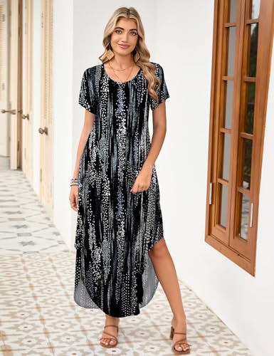 Image of JollieLovin Womens Plus Size Casual Summer Maxi Long Dress Short Sleeve T-Shirt Loose Sun Dress(L-5X)