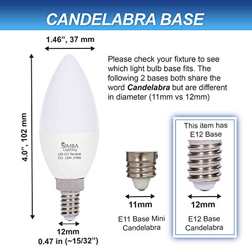 Simba Lighting LED Candelabra Light Bulbs B11 (C37) Candle Shape E12 Base (6 Pack) | Decorative 7W 60W Replacement 110V, 120V for Chandelier, Ceiling Fan, PC Cover, Non-Dimmable, Warm White 2700K