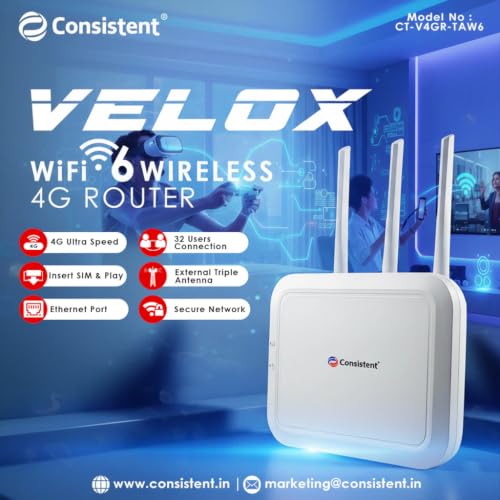 Image of Consistent Velox 4G LTE WiFi Router (CT-V4GR-TAW6)- High-Speed 4G SIM Card Wireless Internet Hub, Plug-and-Play Connectivity for Home, Office, & CCTV - White