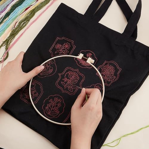Image of PATPAT DIY Embroidery Canvas Tote Floral Embroidery Canvas Shoulder Bag Artcraft Material Pack With 35x33Cm Bag & Color Yarns,Needles,Hoop And Tools DIY Book,Black