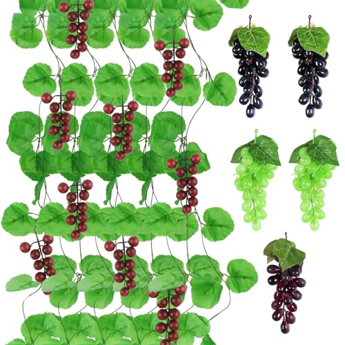 DBALL Juego de 10 Uvas Enredaderas Artificiales Decorativas de 2,4 Metros Hojas de Parra de Plástico con Uvas Fruta Artificial Decorativa para el Hogar Jardín y Festival