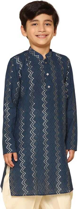 Image of KISAH Boy's Navy Blue Embroidered Cotton Kurta with Mirror Work - Full Sleeves, Knee Length, Regular Fit | Traditional Indian Festive Wear