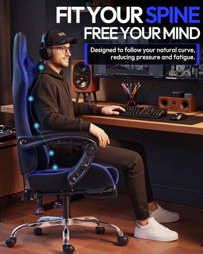 Image of Dowinx Ergonomic Gaming Chair with Footrest & Massage Lumbar, 2D-Linkage Armrests for Computer Chair 330lbs with Headrest Pillow for Office, Home, Streaming and Long Gaming Sessions, Fabric Dark Blue