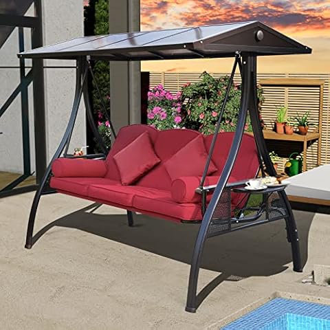 NOBLEMOOD Outdoor Porch Swing with Polycarbonate Hardtop, 3 Seat Patio Swing with Convertible Backrest, 2 Side Cup Holder, Thickened Cushion, 4 Pillows for Adult, Garden, Lawn Cover