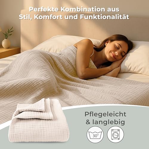 LAYNENBURG Premium Musselin Tagesdecke 150x200 cm - 100% Baumwolle - extraweiche, leichte Sommerdecke als Kuscheldecke, Bett-Überwurf, Baumwolldecke, Couch-Überwurf - warme Sofa-Decke (Beige)