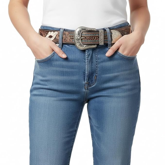 Image of Western Leather Belt for Men & Women, Floral Embossed Cowhide, Durable Rodeo Style for Jeans, Casual Wear & Country Outfits