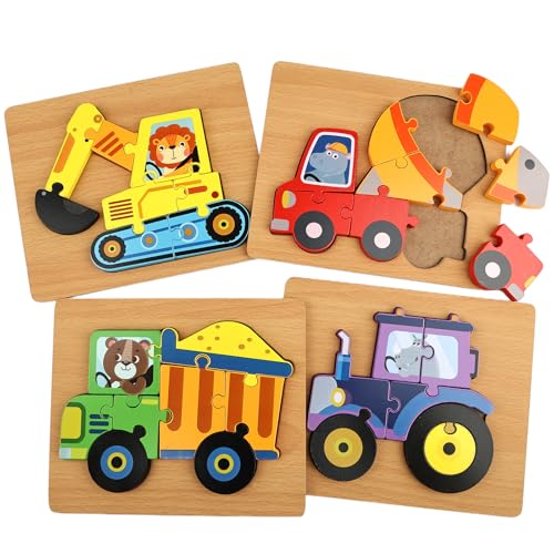4 Stück Holzpuzzle Holzspielzeug Kinder, Steckpuzzle Montessori Spielzeug, Holz Puzzle Lernspielzeug, Babyspielzeug Geschenk Mädchen und Jungen Kinder ab 2 - Fahrzeug Stil